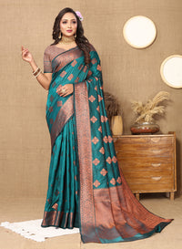Thumbnail for Lorenvalley Fashion Teal Soft Katan Silk Woven Design Copper Zari Weaving Saree
