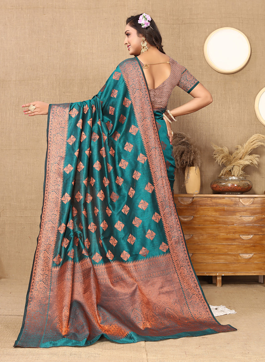 Lorenvalley Fashion Teal Soft Katan Silk Woven Design Copper Zari Weaving Saree
