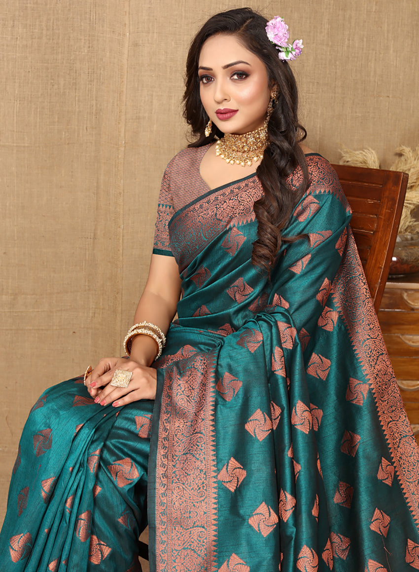 Lorenvalley Fashion Teal Soft Katan Silk Woven Design Copper Zari Weaving Saree