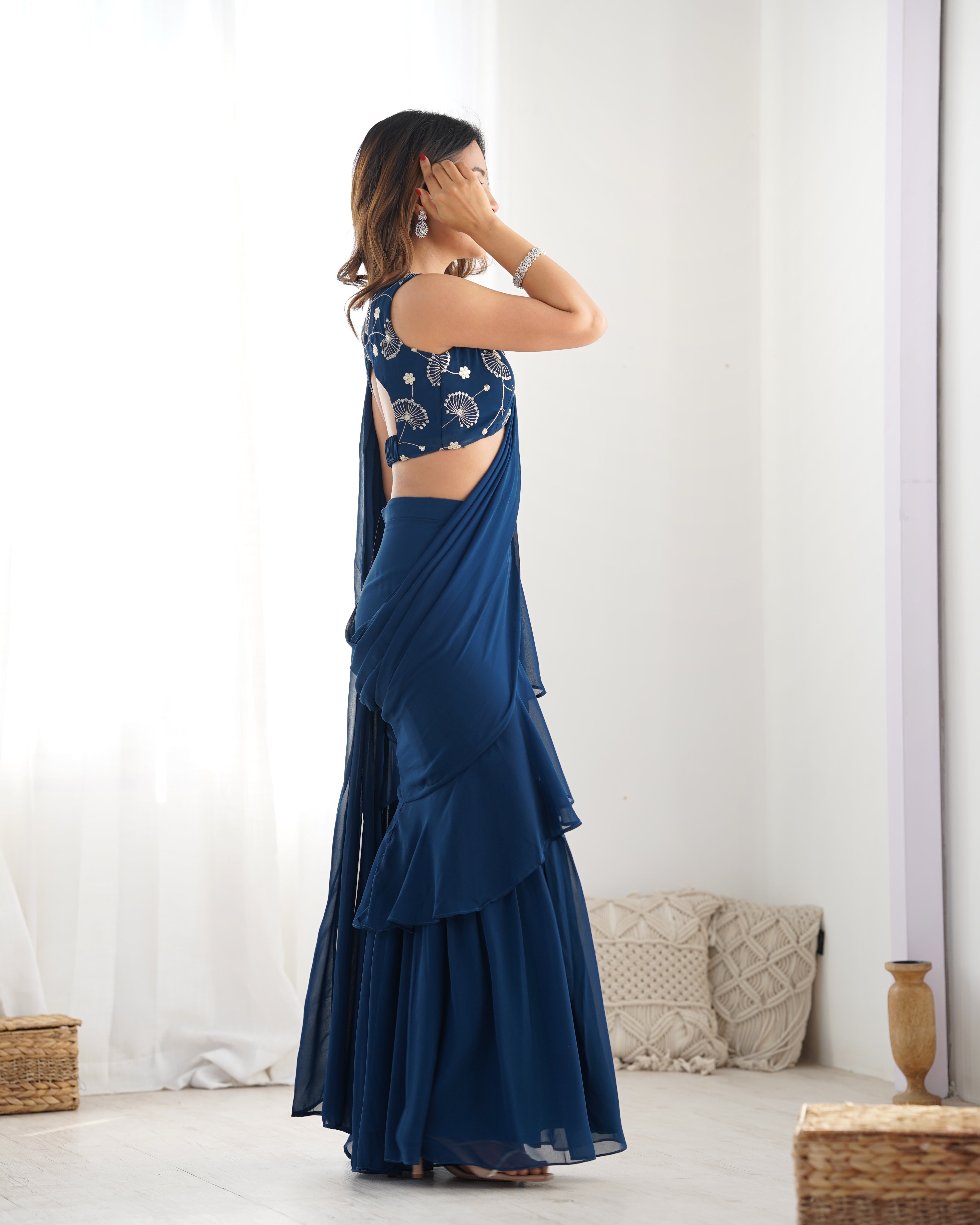 Lorenvalley Teal Faux Georgette Ready To Wear Sharara Saree with Full Stitched Blouse - Distacart