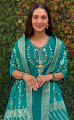 Thumbnail for Lorenvalley Fashion Teal Roman Silk Hand Work Kurta Pant with Dupatta