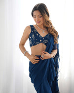 Thumbnail for Lorenvalley Teal Faux Georgette Ready To Wear Sharara Saree with Full Stitched Blouse - Distacart