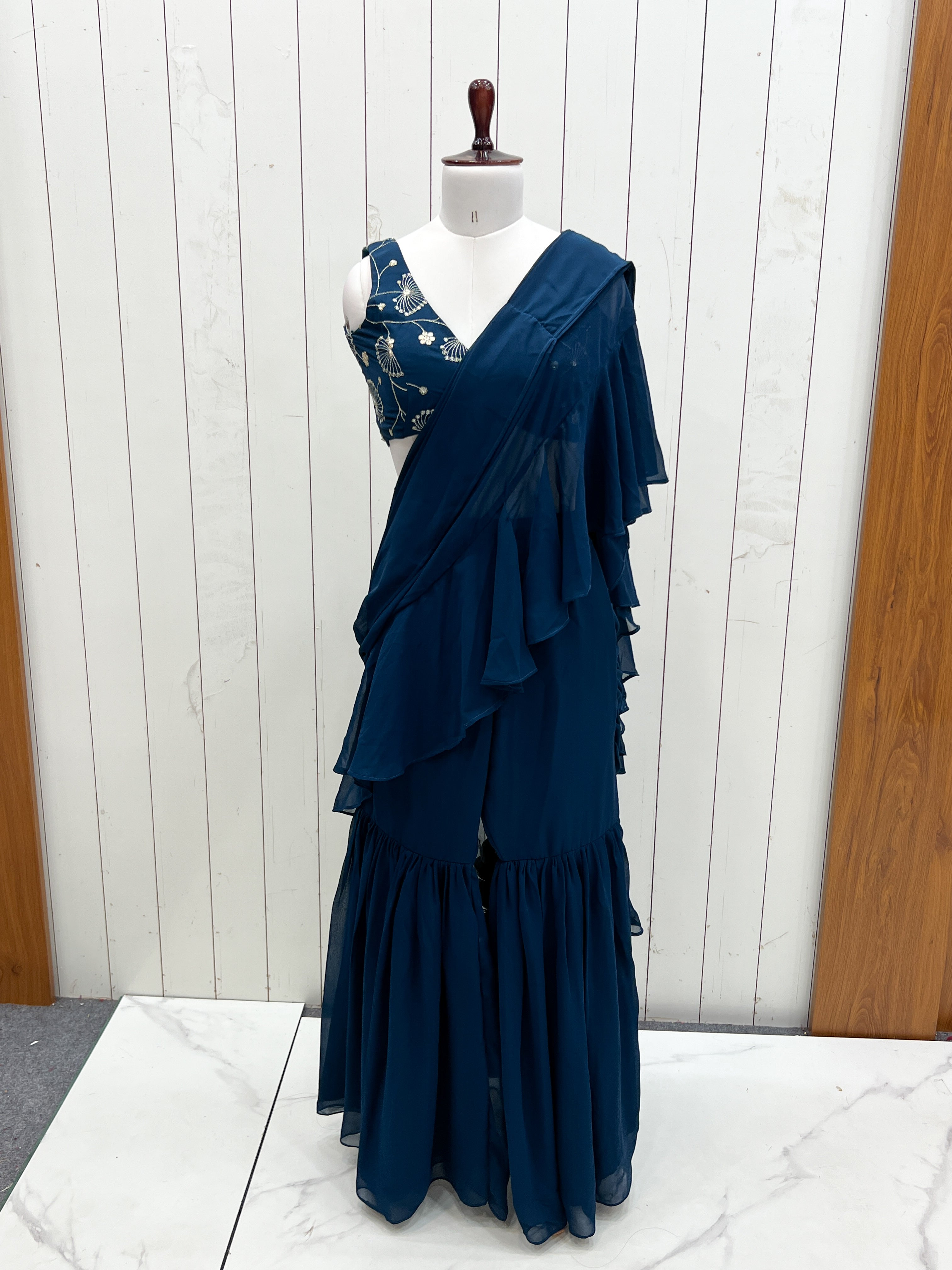 Lorenvalley Teal Faux Georgette Ready To Wear Sharara Saree with Full Stitched Blouse - Distacart