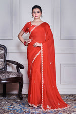 Thumbnail for Morchari Red Chiffon Hand Embroidery Saree And Stitched Blouse