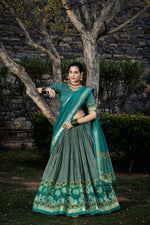 Thumbnail for Vastranavya Floral Print With Foil Print Tussar Silk Lehenga With Unstitched Blouse - Sea Green - Distacart