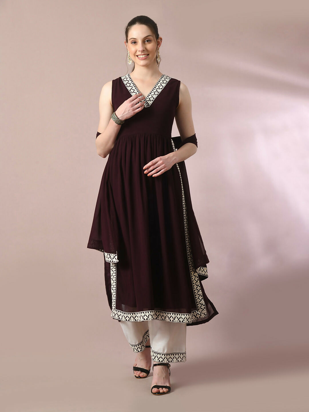 Myshka Women's Coffee Brown Solid Georgette Anarkali Party Kurta Set With Dupatta - Distacart