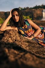 Thumbnail for trueBrowns Purple Cotton Ikat Flared Dress - Distacart