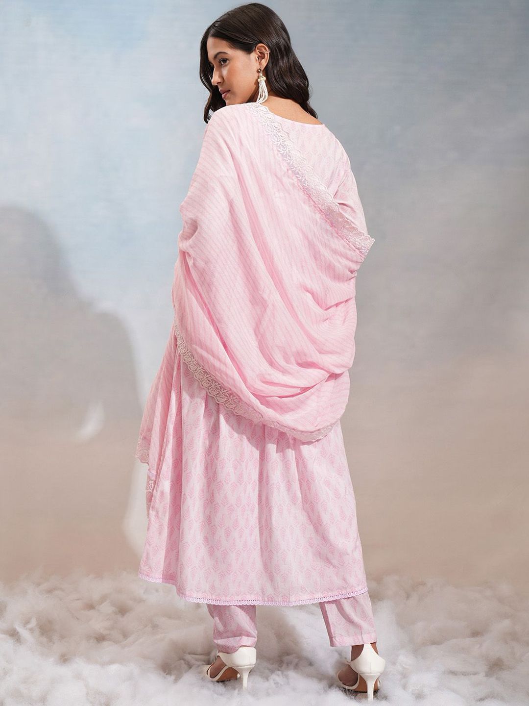 Vishudh Pink Ethnic Motifs Printed Pure Cotton Anarkali Kurta With Trousers & Dupatta - Distacart