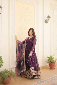 Thumbnail for Aastha Fashion Women's Purple Faux Georgette Embroidery Zari Sequins-work Gown with Dupatta