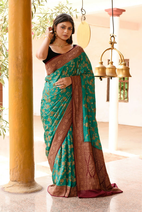 Joban Fashion Teal Green Crepe Chiffon Pure Handloom Banarasi Silk Saree