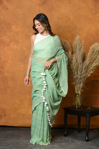 Thumbnail for Very Much Indian Designer Mul Cotton Handloom Saree with Sequins - Sea Green - Distacart