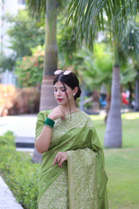 Thumbnail for Aastha Fashion Mehendi Woven Handloom Raw Silk Saree with Blouse - Distacart