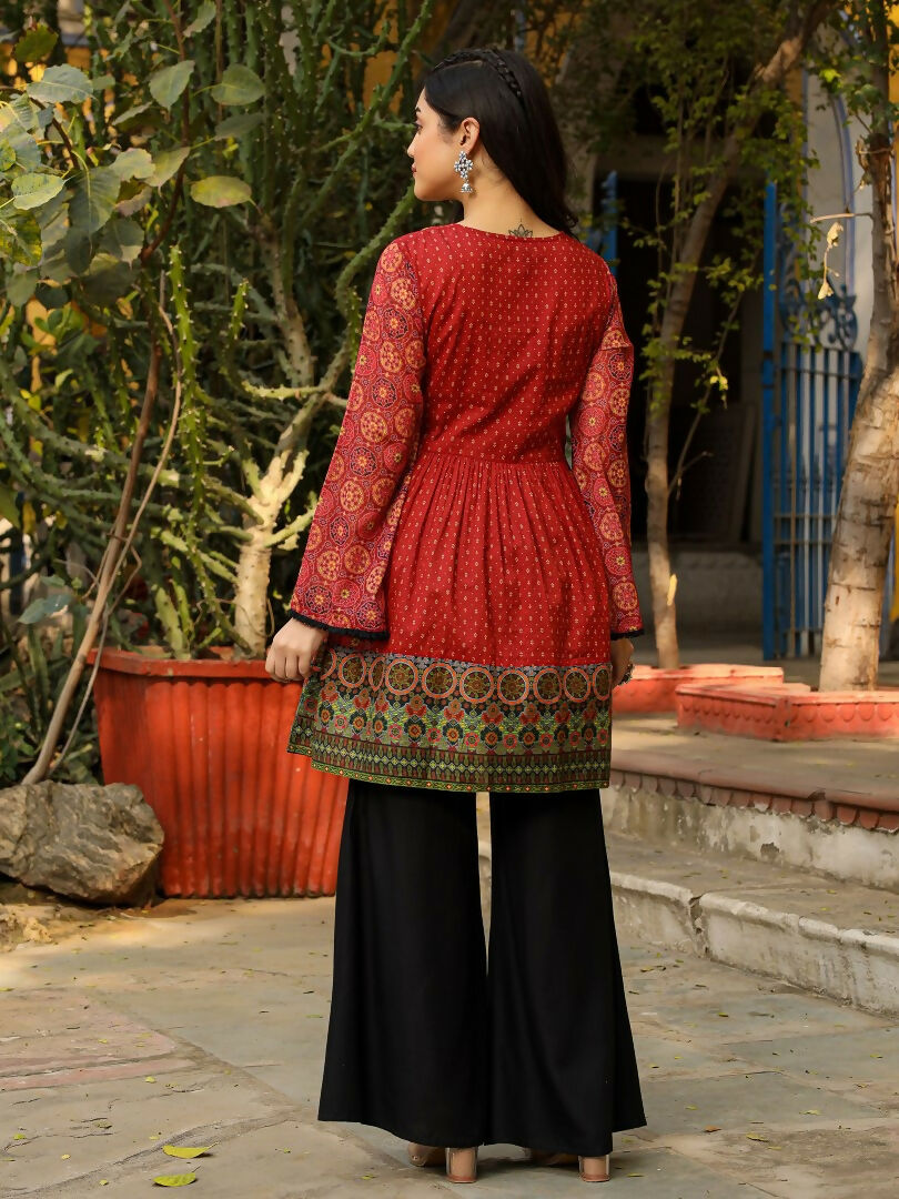 Juniper Rust Ethnic Motif Printed Cotton & Chiffon Peplum Tunic With Thread Embroidery & Tassels - Distacart