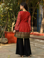 Thumbnail for Juniper Rust Ethnic Motif Printed Cotton & Chiffon Peplum Tunic With Thread Embroidery & Tassels - Distacart