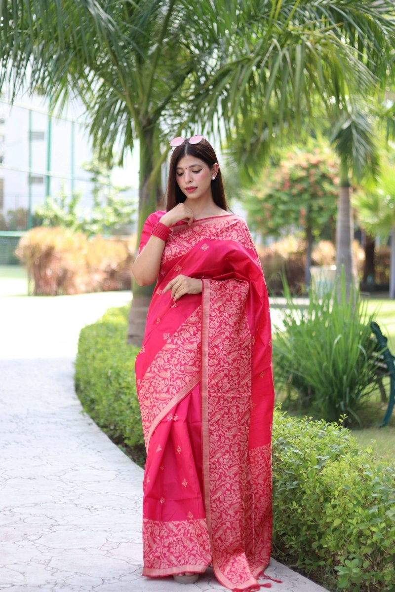 Aastha Fashion Rani Pink Woven Handloom Raw Silk Saree with Blouse - Distacart