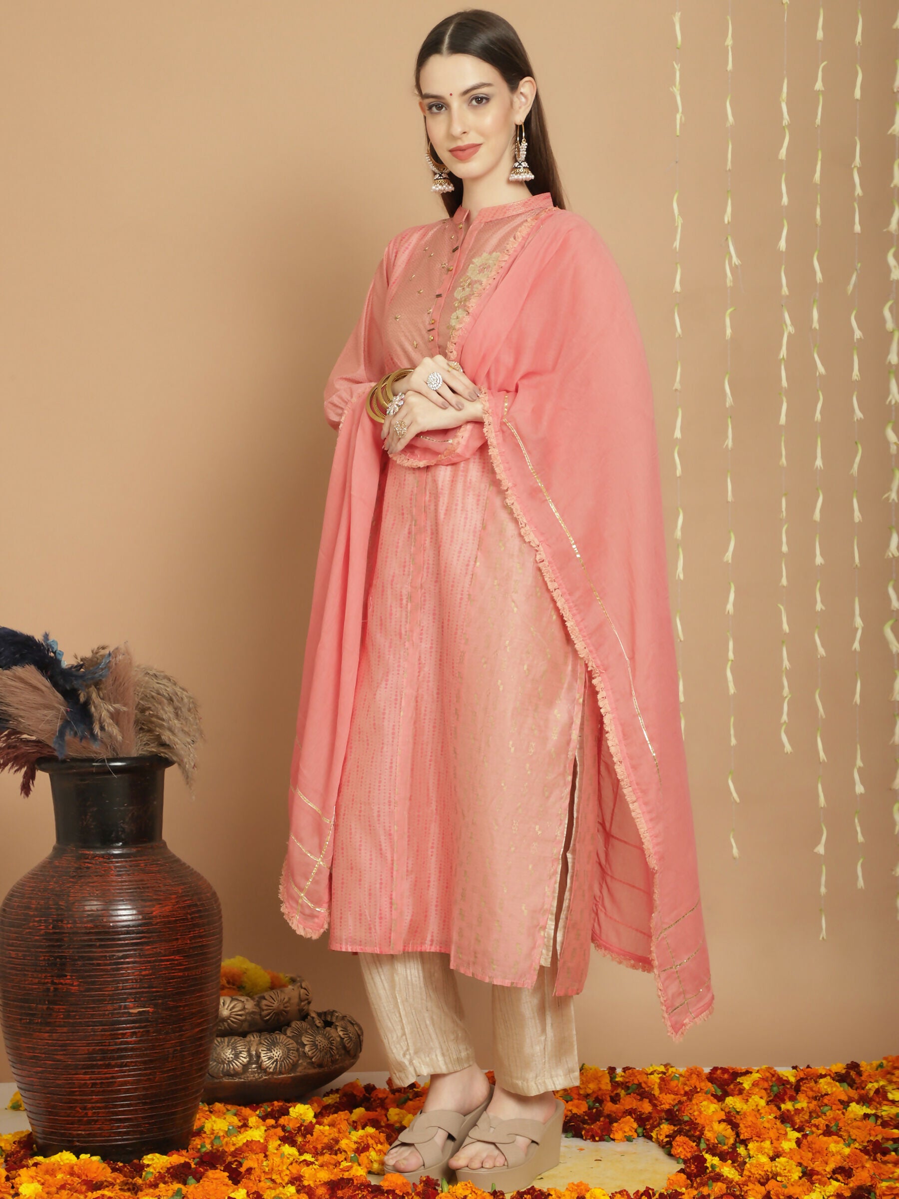 Jyoti Fashion Women's Peach Chanderi Silk Elegant Jardoshi Semi Kurta with Trouser & Dupatta - Distacart
