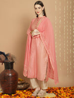 Thumbnail for Jyoti Fashion Women's Peach Chanderi Silk Elegant Jardoshi Semi Kurta with Trouser & Dupatta - Distacart