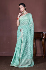 Thumbnail for Morchari Green Cotton Chanderi Embroidery Saree Unstitched Blouse