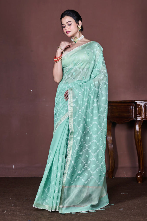 Morchari Green Cotton Chanderi Embroidery Saree Unstitched Blouse
