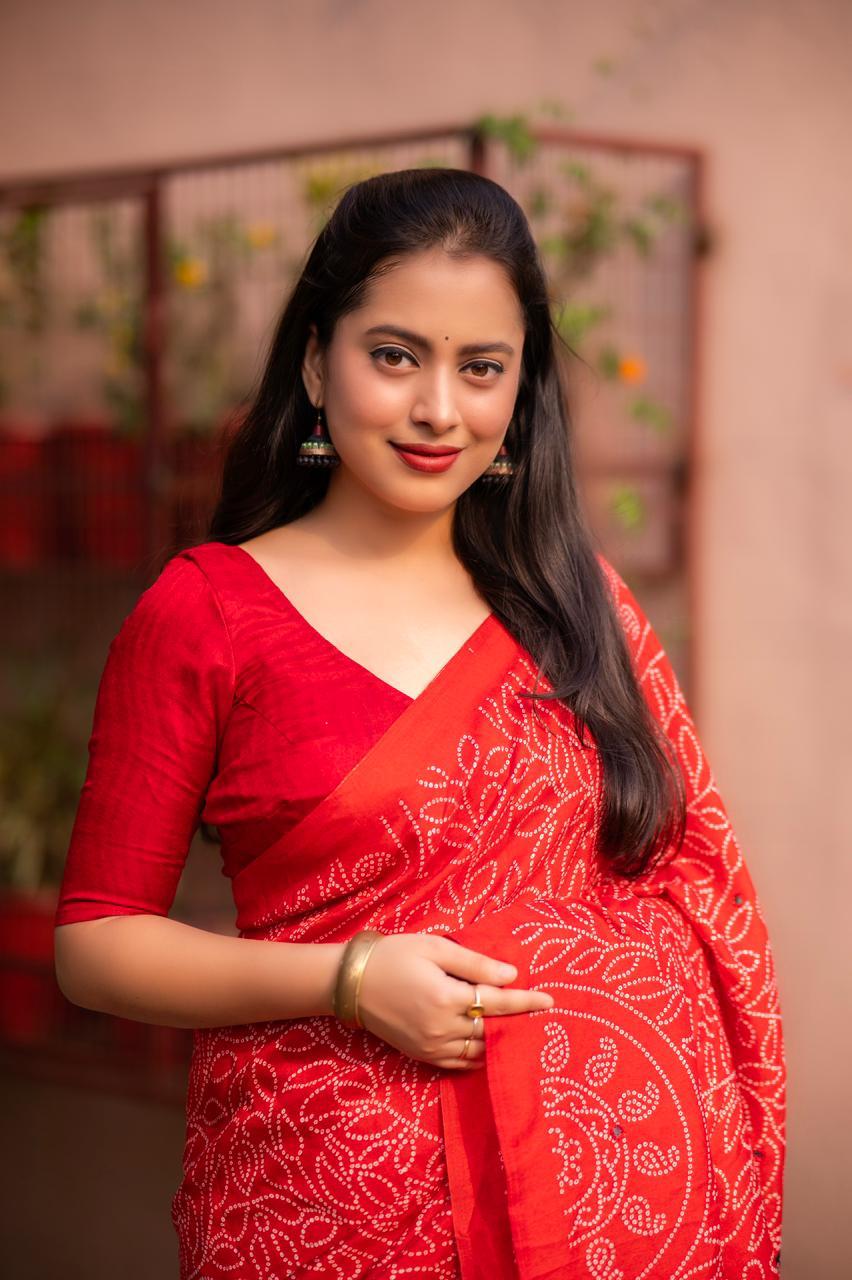 Red Silk Blend Ajrak Saree with Unstitched Blouse - A2M