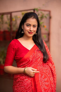 Thumbnail for Red Silk Blend Ajrak Saree with Unstitched Blouse - A2M