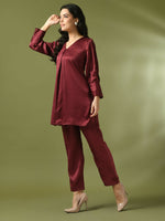 Thumbnail for Myshka Women's Maroon Solid Satin V-Neck Party Tunic With Trousers Co-ord set - Distacart