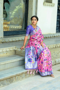 Thumbnail for Aastha Fashion Pink Woven Kanjivaram Silk Saree with Blouse - Distacart