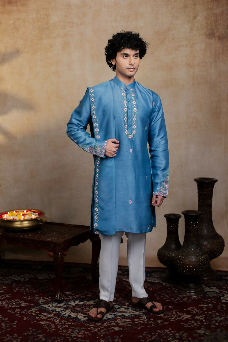 Falling Raw Silk Blue Varnika Kurta Set By Hilo Design