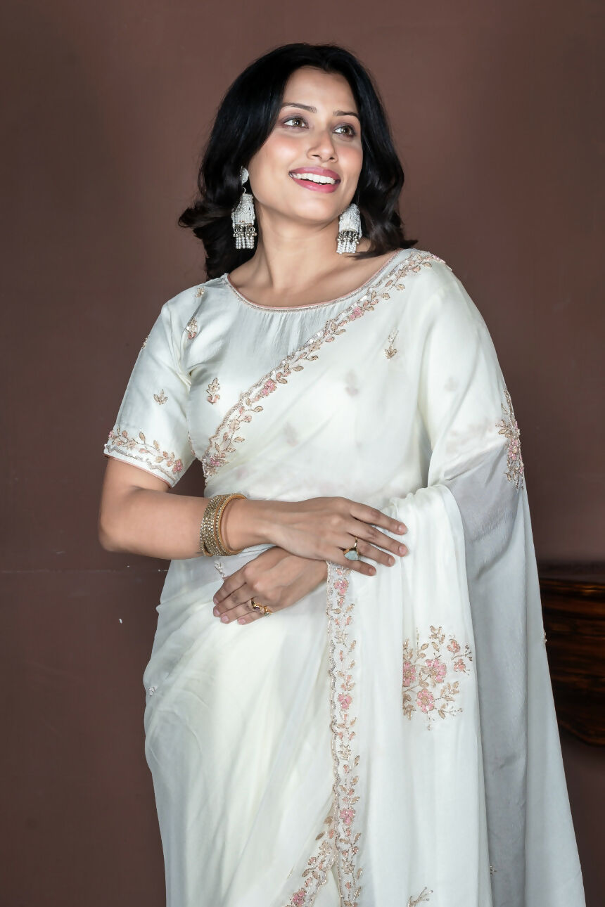 Morchari Off White Chiffon Hand Embroidery Saree And Stitched Blouse
