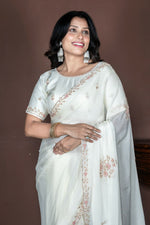 Thumbnail for Morchari Off White Chiffon Hand Embroidery Saree And Stitched Blouse