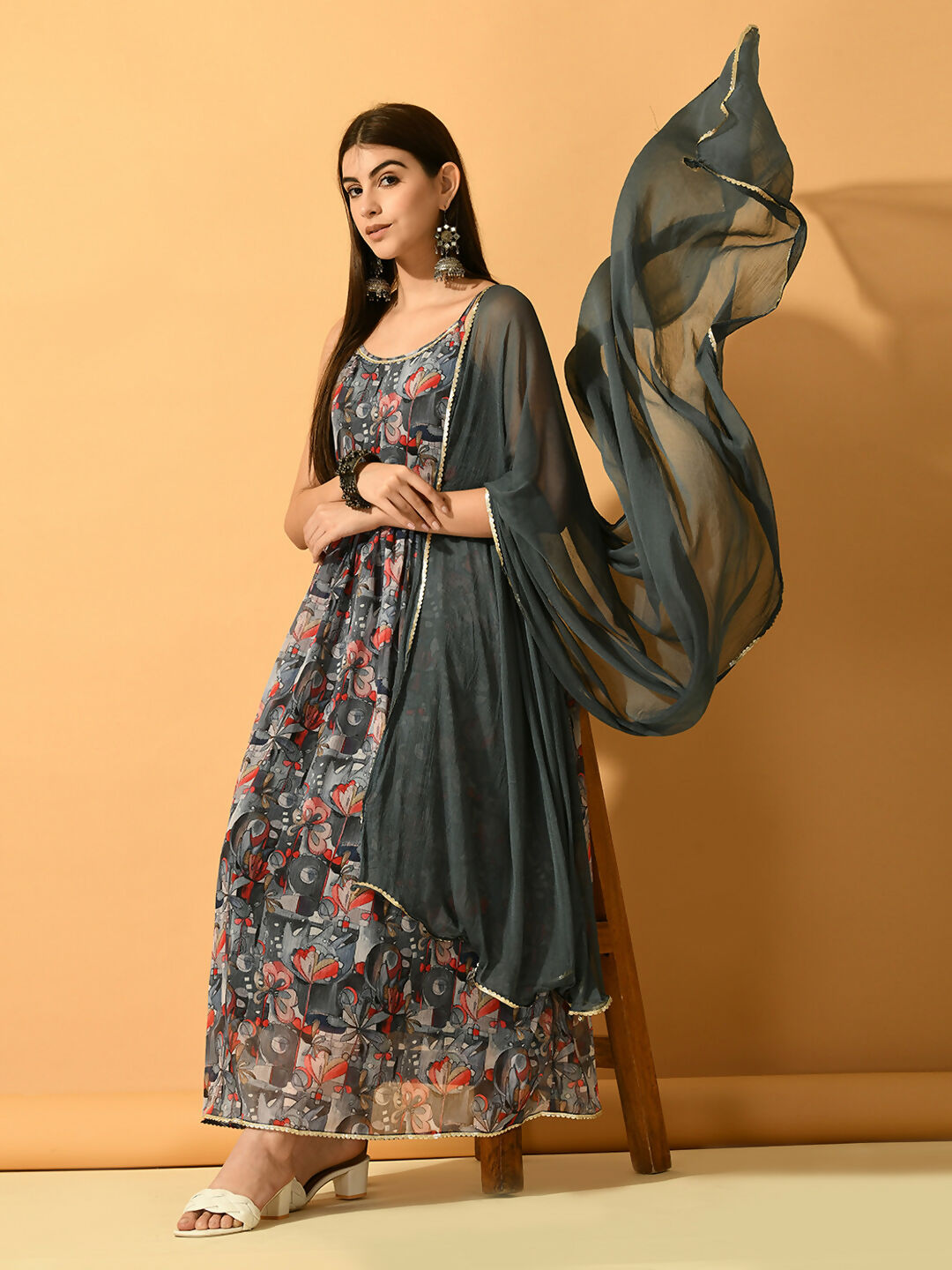 Myshka Women's Grey Festive Flared Anarkali Kurta With Dupatta sets - Distacart