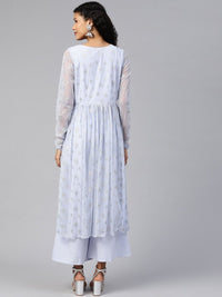 Thumbnail for Ahalyaa Women's Blue Net Silver Glitter Printed Kurta Palazzo Set - Distacart