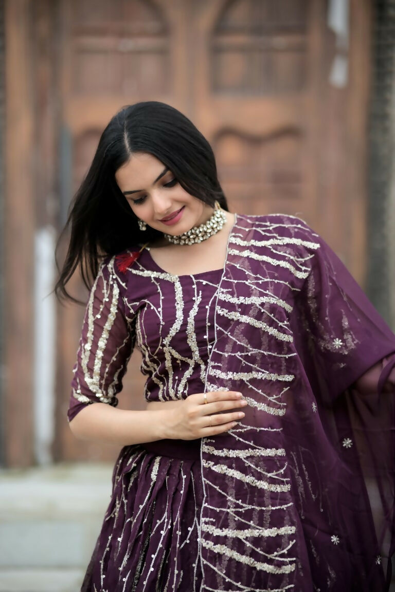Vastranavya Enchanting Designer Tebby-Silk Lehenga Choli With Dupatta Set - Wine - Distacart