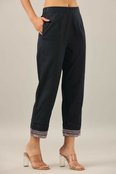 Juniper Navy Blue Solid Cotton Flex Pants With Printed Hem, Pintucks & Lace Work - Distacart
