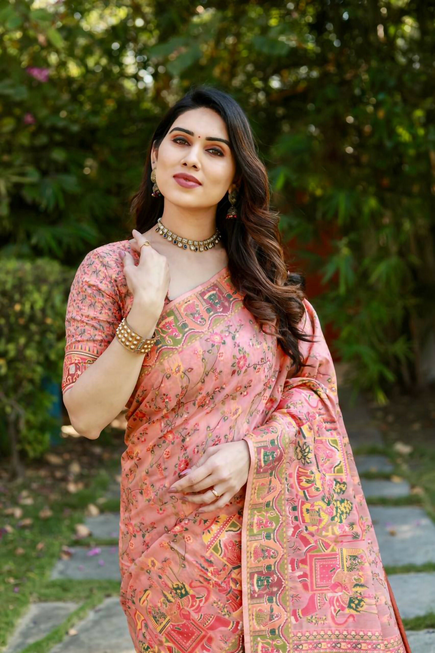 Vastranavya Luxury and Beautiful Soft, Smooth, Flowing Original Pashmina Soft Cotton Saree with Matching Blouse Fabric - Peach - Distacart