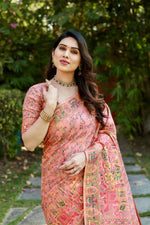 Thumbnail for Vastranavya Luxury and Beautiful Soft, Smooth, Flowing Original Pashmina Soft Cotton Saree with Matching Blouse Fabric - Peach - Distacart