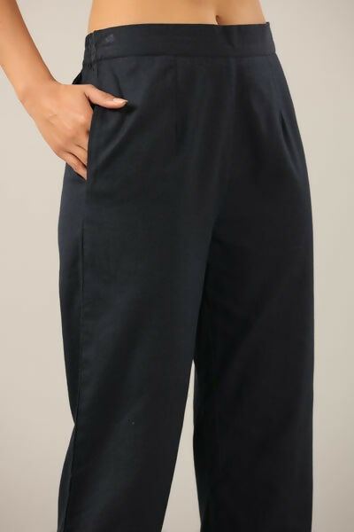 Juniper Navy Blue Solid Cotton Flex Pants With Printed Hem, Pintucks & Lace Work - Distacart