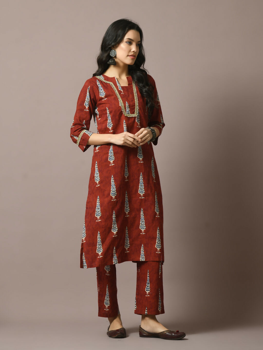 Myshka Women's Rust Printed Cotton Straight Party Kurta Set - Distacart