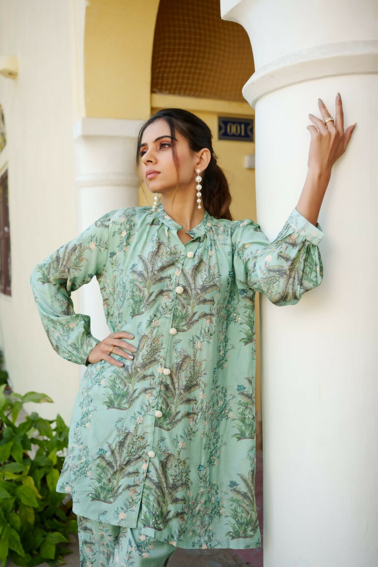 Vaasva Women Sky Blue Muslin Embroidered Shirt & Pant Set - Distacart