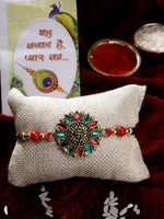 Thumbnail for NVR Men Red & Gold-Toned Stone-Studded Rakhi With Roli Chawal & Chocolate - Distacart