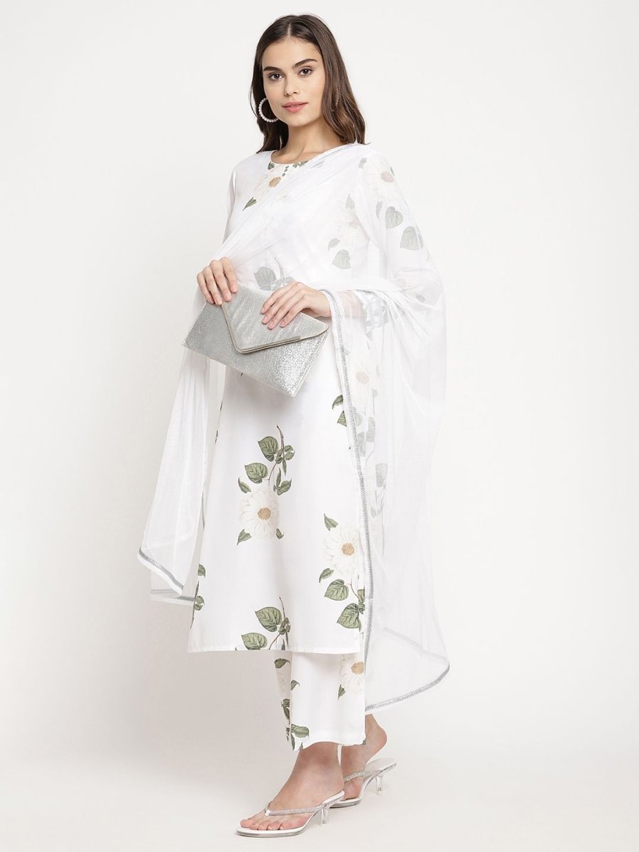 Ahalyaa Women's White Crepe Digital Print Kurta Palazzo Set With Dupatta