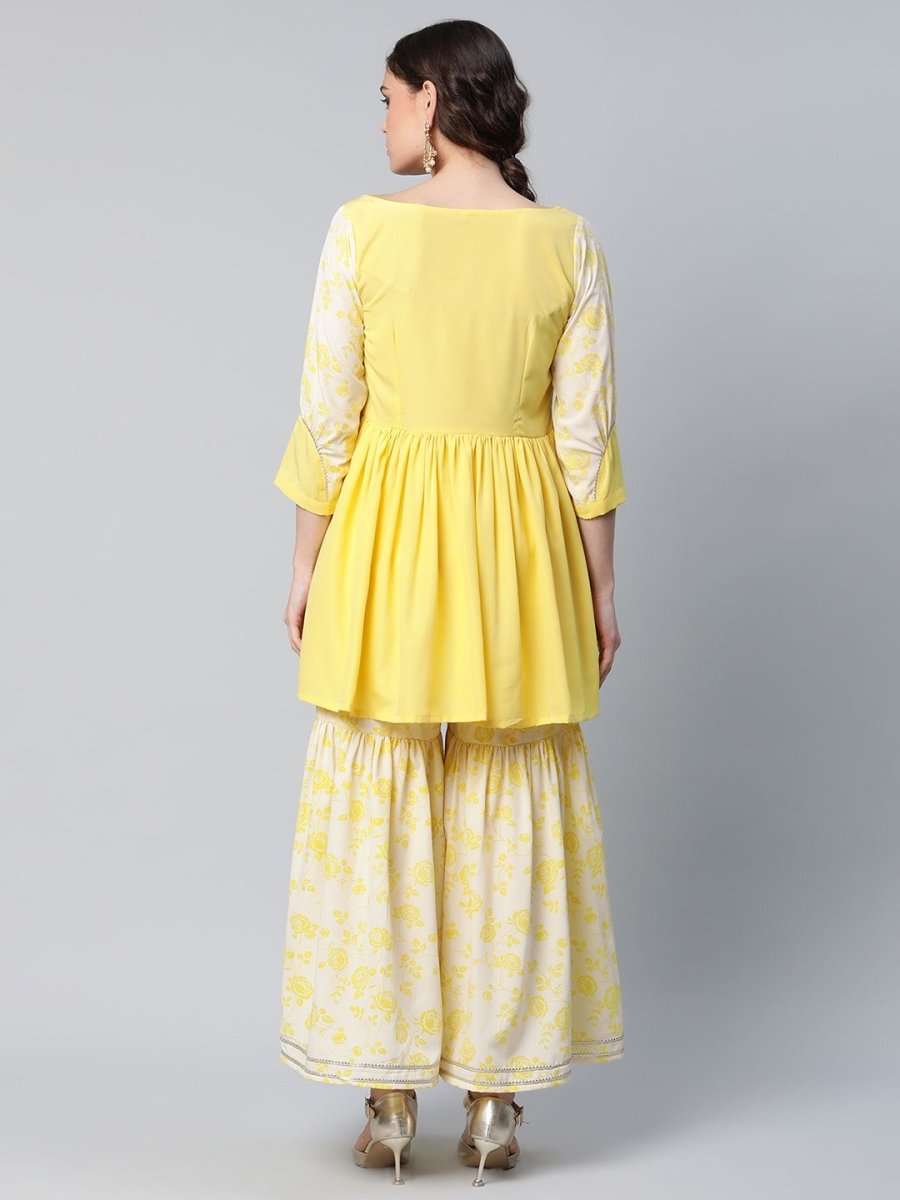Ahalyaa Women Yellow Crepe Floral Short Kurta with Sharara Set - Distacart