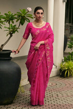 Thumbnail for Vishnu Weaves Women's Pink Linen Silk Zari Weaving Saree with Blouse