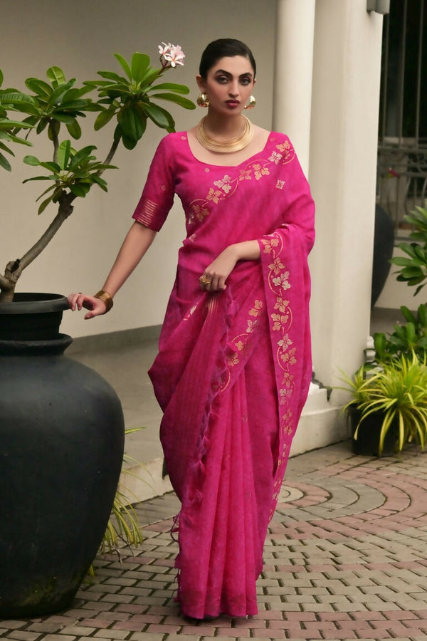 Vishnu Weaves Women's Pink Linen Silk Zari Weaving Saree with Blouse