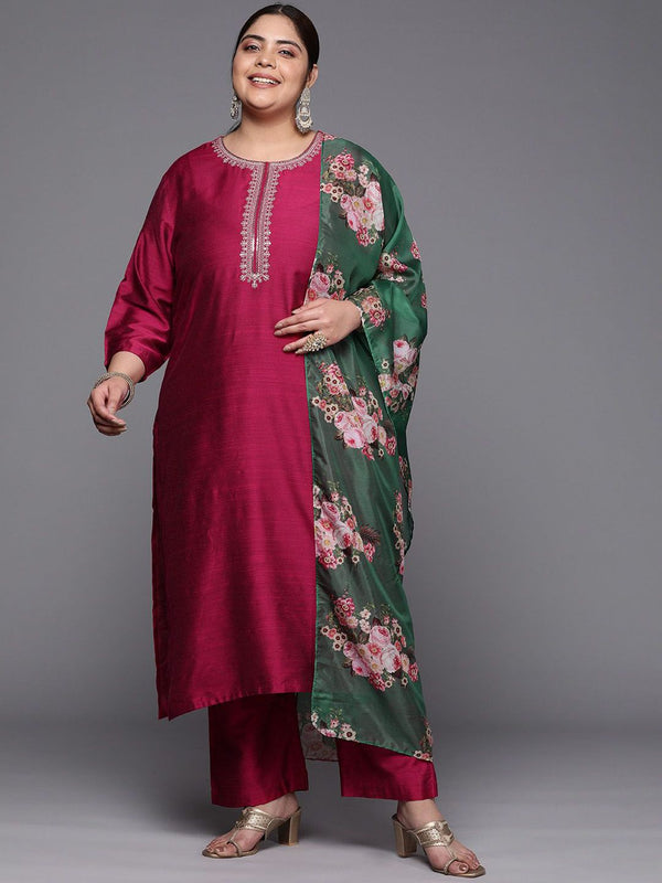 Sztori Plus Size Floral Embroidered Straight Kurta & Trousers With Dupatta - Distacart