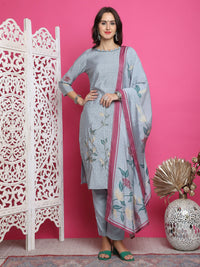 Thumbnail for Jyoti Fashion Women's Grey Muslin Floral Print with Jari & Crystal work Kurta with Trouser & Dupatta