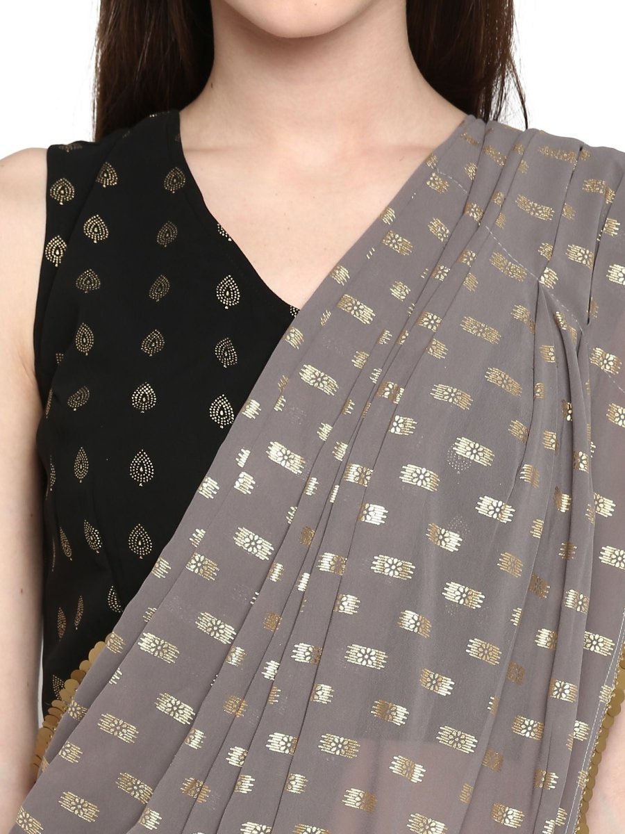 Ahalyaa Women's Black Georgette Foil Print Ready to Wear Saree