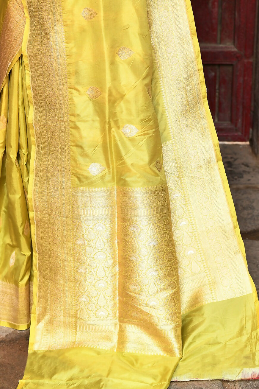 Joban Fashion Yellow Pure Katan Pure Handloom Banarasi Silk Saree