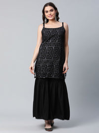 Thumbnail for Ahalyaa Women Black Net Glitter Print Short Kurti With Sharara Dupatta Set - Distacart