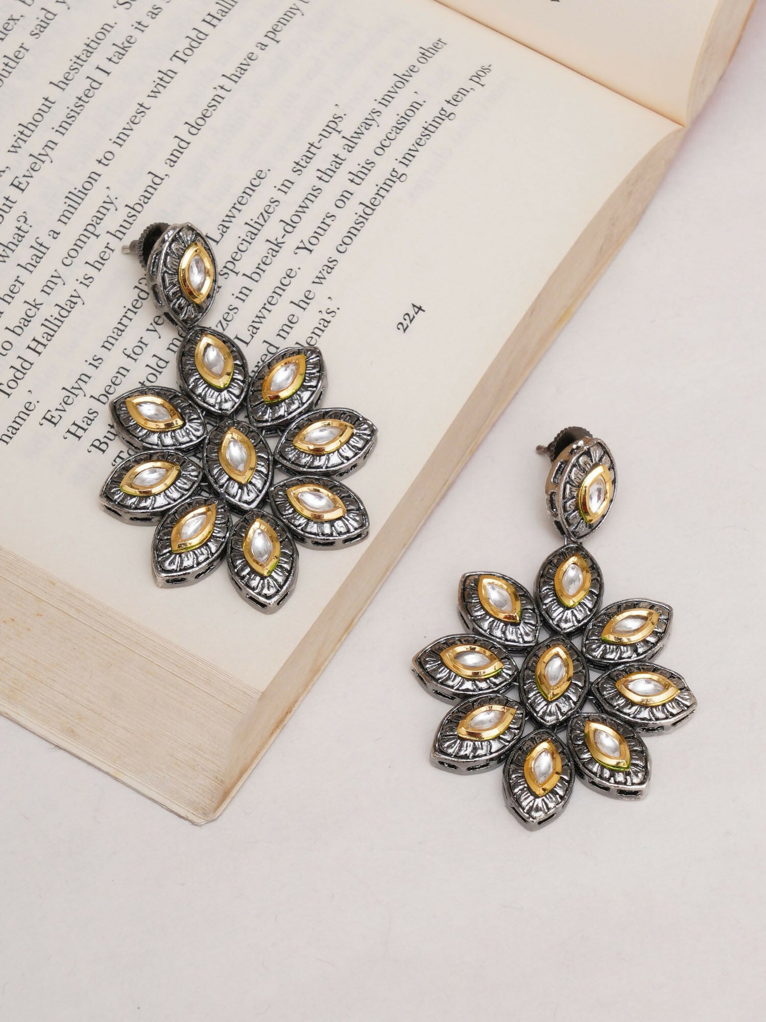 Dual Tone Kundan Flower Studs (silver) - Ruby Raang - Distacart